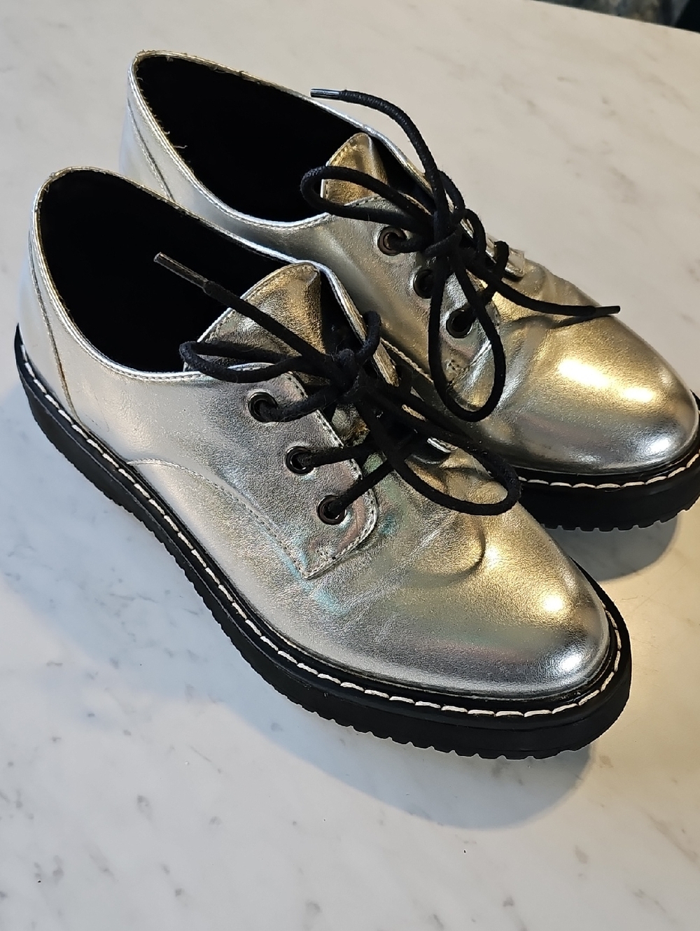 Metallic Silver Lace-Up Platform Derby Shoes for Women